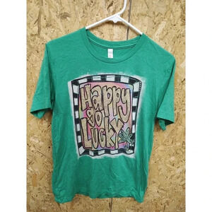 "Happy Go Lucky" St Patrick's Day Green Size Medium Graphic Bleached T-Shirt